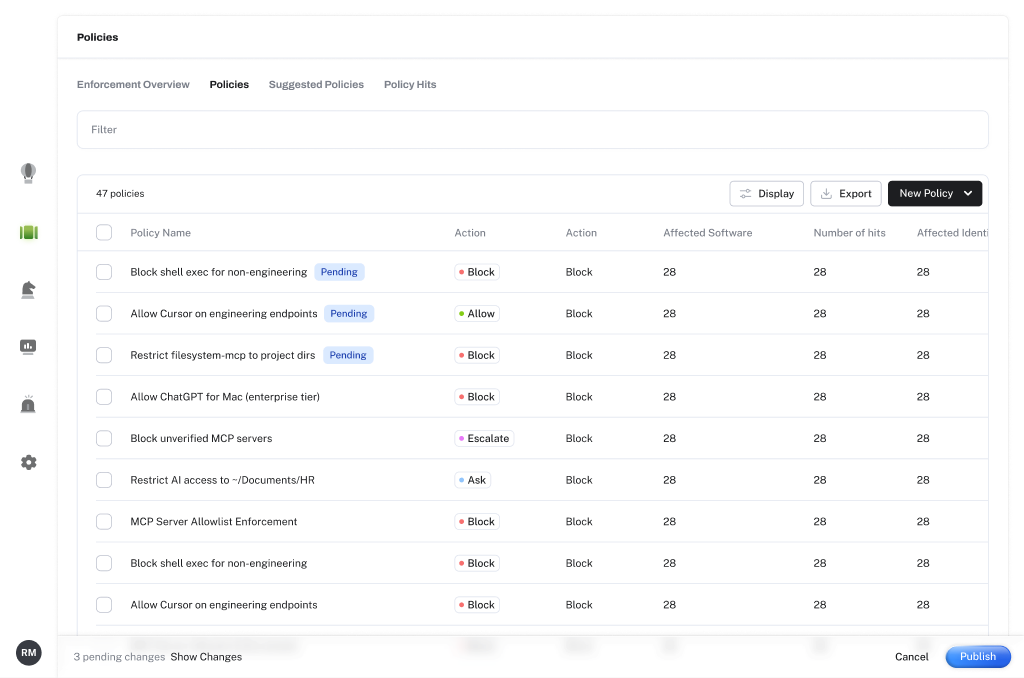 Neo policy console showing block, allow, escalate, and ask actions across agentic software